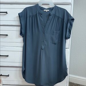 Pleione Blue Cuffed Sleeve Blouse with Mandarin Collar - Medium